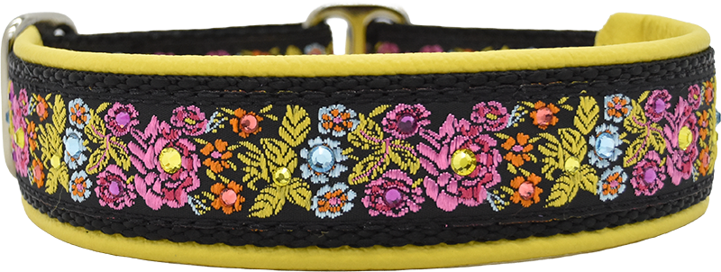 Floral Morning black and multicolor floral embroidery European-crystal limited slip dog collar by Fuzzywumpets.