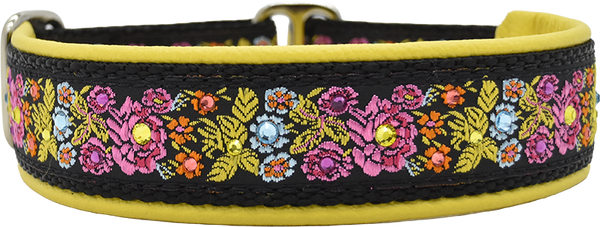 Floral Morning black and multicolor floral embroidery European-crystal limited slip dog collar by Fuzzywumpets.
