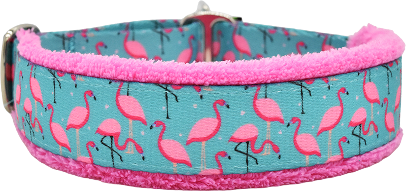 A Leg to Stand On teal and pink flamingo print fleece-lined martingale-style limited slip dog collar by Fuzzywumpets.