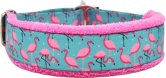 A Leg to Stand On teal and pink flamingo print fleece-lined martingale-style limited slip dog collar by Fuzzywumpets.