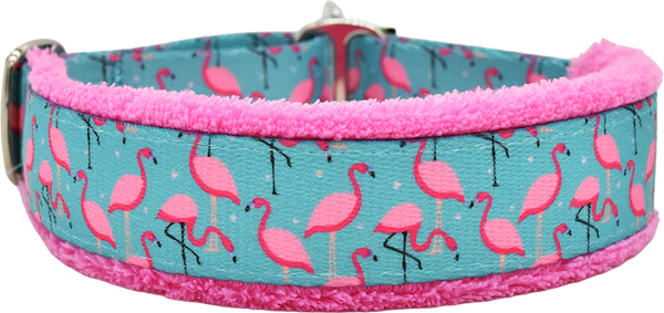 A Leg to Stand On teal and pink flamingo print fleece-lined martingale-style limited slip dog collar by Fuzzywumpets.