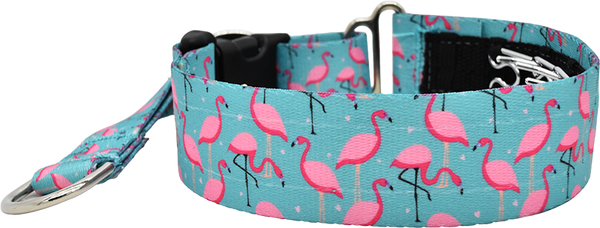 A Leg to Stand On teal and pink flamingo print hidden prong / private trainer dog collar by Fuzzywumpets.