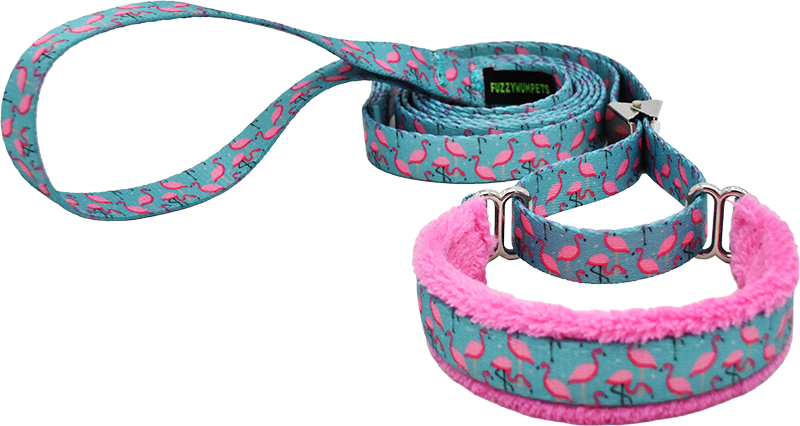 A Leg to Stand On teal and pink flamingo print fleece-lined martingale walking lead — no-slip dog leash by Fuzzywumpets.