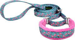 A Leg to Stand On teal and pink flamingo print fleece-lined martingale walking lead — no-slip dog leash by Fuzzywumpets.
