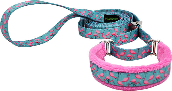 A Leg to Stand On teal and pink flamingo print fleece-lined martingale walking lead — no-slip dog leash by Fuzzywumpets.