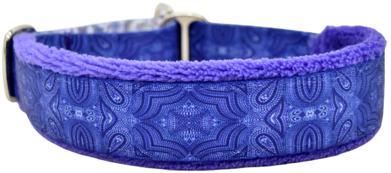 Purple Pinpoints fleece-lined martingale-style limited slip dog collar by Fuzzywumpets.