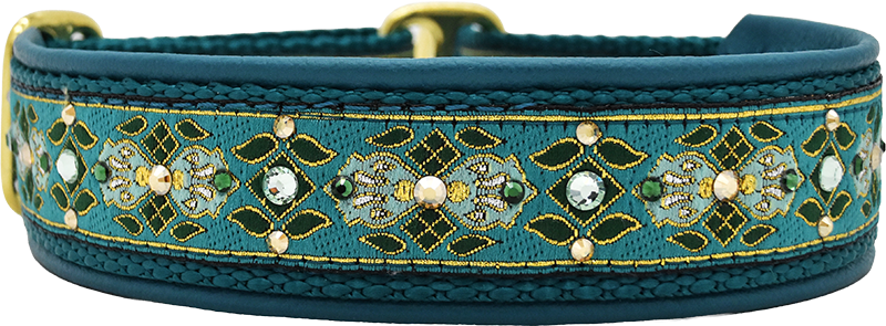 Poseidon teal and gold floral diamond European-crystal limited slip dog collar by Fuzzywumpets.