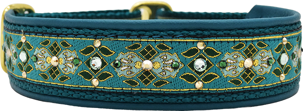 Poseidon teal and gold floral diamond European-crystal limited slip dog collar by Fuzzywumpets.