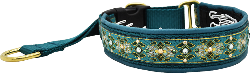 Poseidon teal and gold floral diamond European-crystal hidden prong collar by Fuzzywumpets.