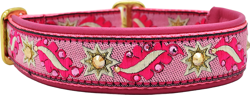 Dazzler pink and gold solar flare ribbon European-crystal limited slip dog collar by Fuzzywumpets.