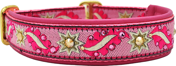 Dazzler pink and gold solar flare ribbon European-crystal limited slip dog collar by Fuzzywumpets.