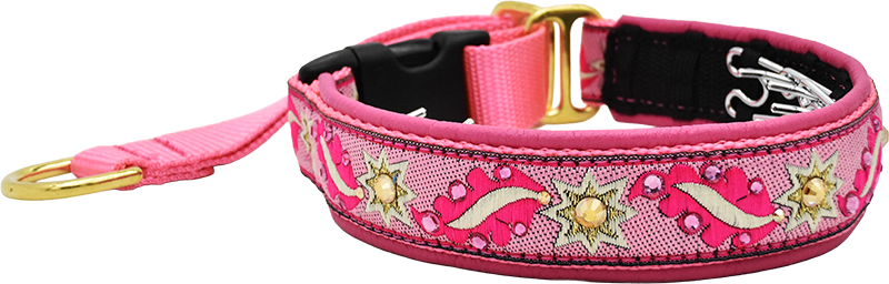 Dazzler pink and gold solar flare ribbon European-crystal hidden prong collar by Fuzzywumpets.