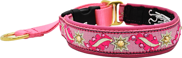 Dazzler pink and gold solar flare ribbon European-crystal hidden prong collar by Fuzzywumpets.