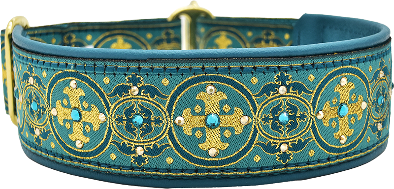 Belladonna Capulet teal and gold medallion cross pattern European-crystal limited slip dog collar by Fuzzywumpets.