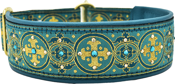 Belladonna Capulet teal and gold medallion cross pattern European-crystal limited slip dog collar by Fuzzywumpets.