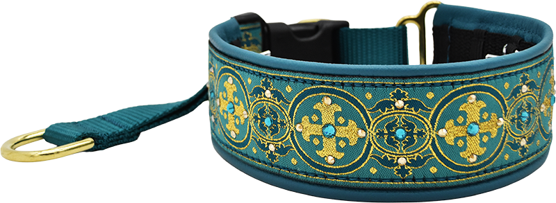 Belladonna Capulet teal and gold medallion cross pattern European-crystal hidden prong collar by Fuzzywumpets.