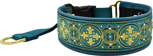 Belladonna Capulet teal and gold medallion cross pattern European-crystal hidden prong collar by Fuzzywumpets.
