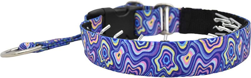 Vertigo purple and multicolor psychedelic wave hidden prong / private trainer dog collar by Fuzzywumpets.
