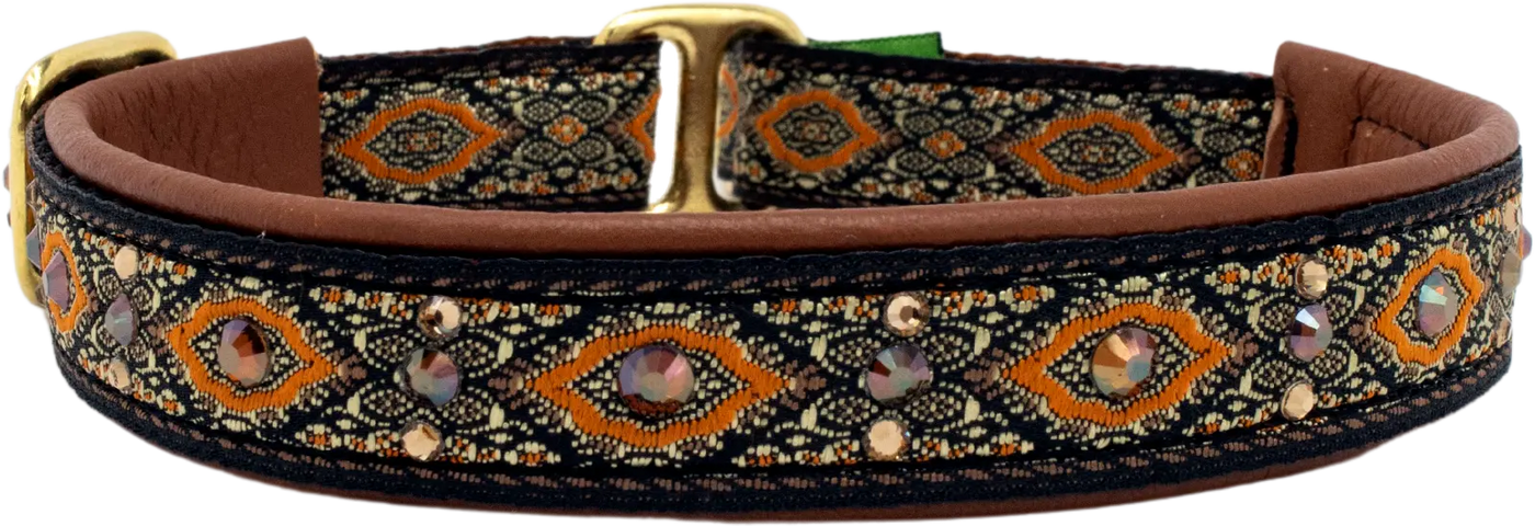 Terracotta Bulgaria orange scroll European-crystal limited slip dog collar with smoked topaz crystals on terracotta leather.