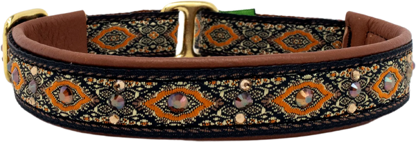 Terracotta Bulgaria orange scroll European-crystal limited slip dog collar with smoked topaz crystals on terracotta leather.