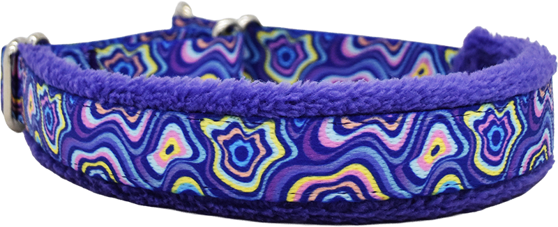 Vertigo purple and multicolor psychedelic wave fleece-lined martingale-style limited slip dog collar by Fuzzywumpets.