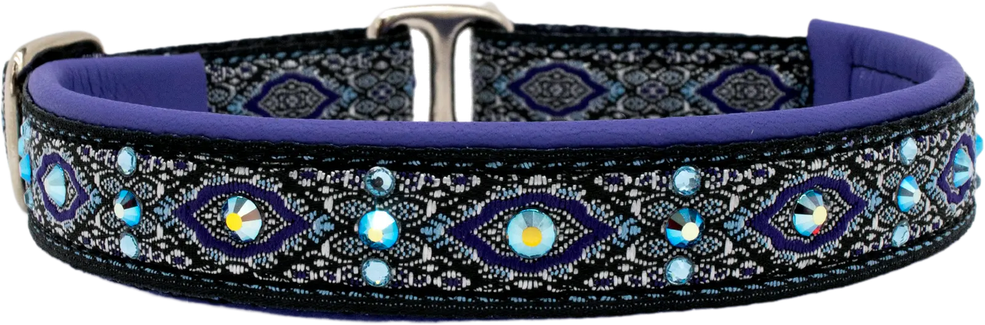 Purple Bulgaria black and silver ornate diamond European-crystal limited slip dog collar with aqua and amethyst crystals.