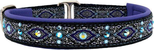 Purple Bulgaria black and silver ornate diamond European-crystal limited slip dog collar with aqua and amethyst crystals.