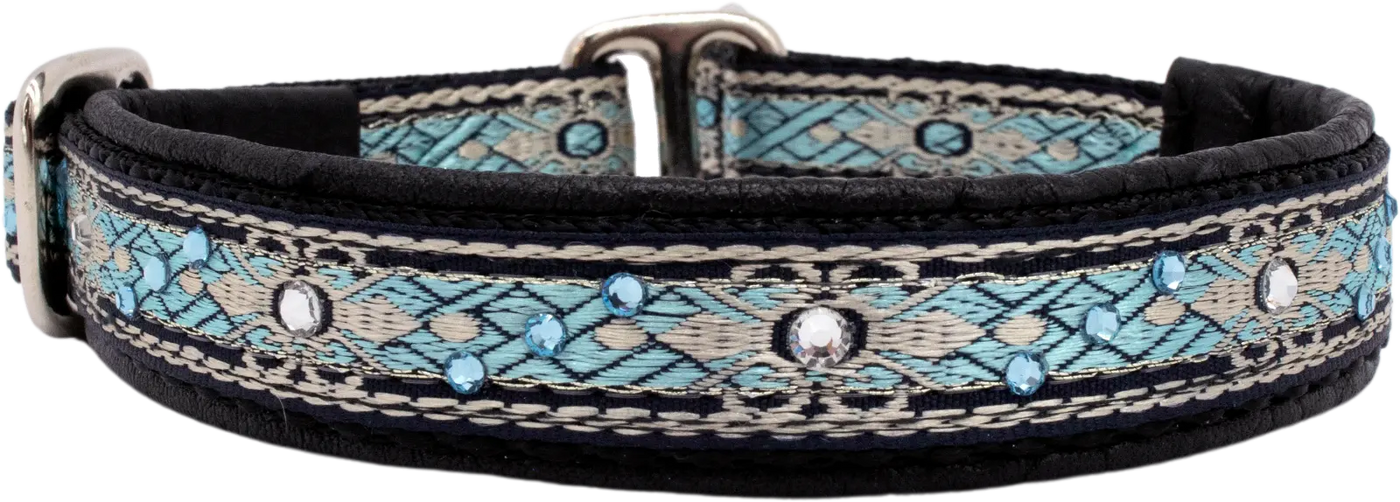 Night Sky teal silver diamond-weave European-crystal limited slip dog collar with clear and aqua crystals on black leather.