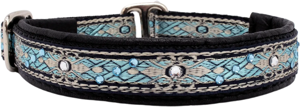 Night Sky teal silver diamond-weave European-crystal limited slip dog collar with clear and aqua crystals on black leather.