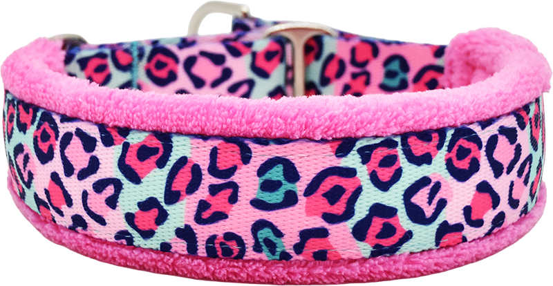 Quite Frank pink and aqua cheetah print fleece-lined martingale-style limited slip dog collar by Fuzzywumpets.