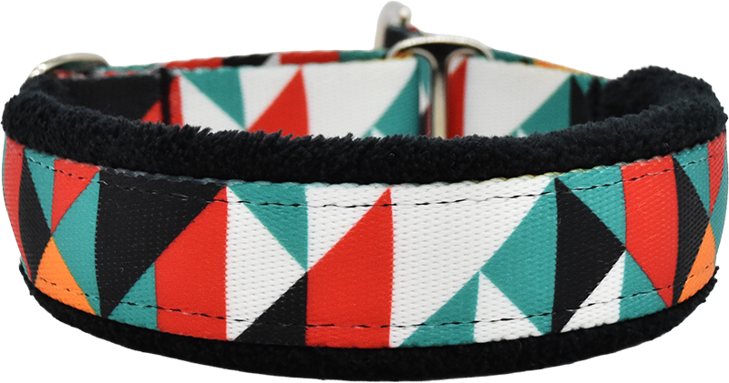 Tortilla Chips teal, red, and black triangle print fleece-lined martingale-style limited slip dog collar by Fuzzywumpets.