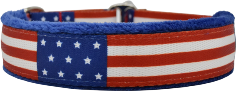 Oh Say Can You See fleece-lined martingale-style limited slip dog collar by Fuzzywumpets.