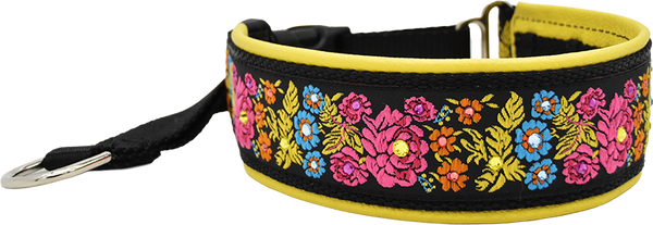 Floral Morning black and multicolor floral embroidery European-crystal hidden prong collar by Fuzzywumpets.