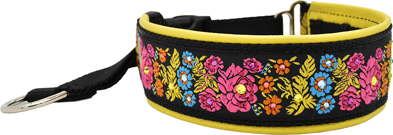 Floral Morning black and multicolor floral embroidery European-crystal hidden prong collar by Fuzzywumpets.