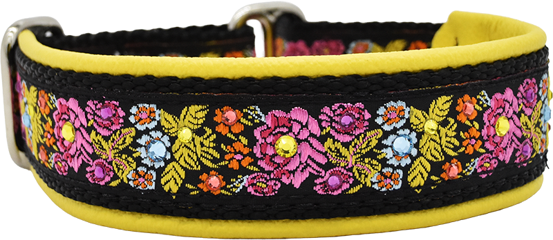 Floral Morning black and multicolor floral embroidery European-crystal limited slip dog collar by Fuzzywumpets.
