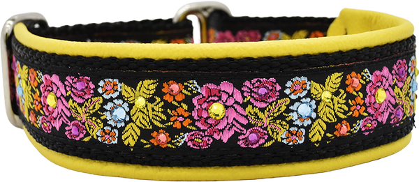 Floral Morning black and multicolor floral embroidery European-crystal limited slip dog collar by Fuzzywumpets.