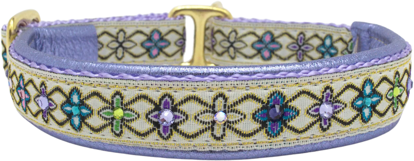 Violet Whimsy cream, lavender, and green four-petal floral European-crystal limited slip dog collar by Fuzzywumpets.