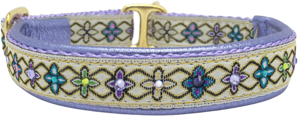 Violet Whimsy cream, lavender, and green four-petal floral European-crystal limited slip dog collar by Fuzzywumpets.