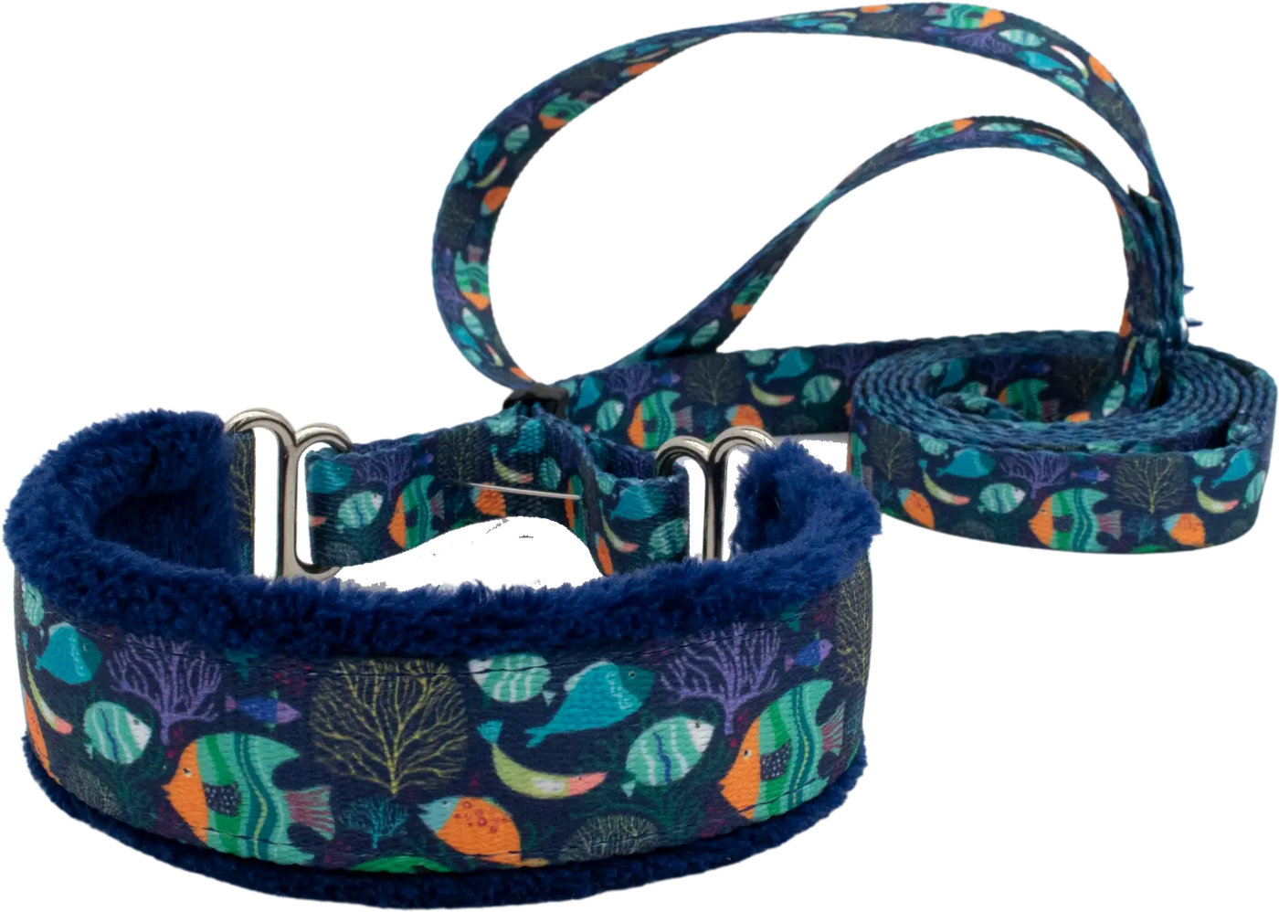 1" Calypso Everyday Martingale Walking Lead for dogs, Navy leather lining, handmade in the USA by Fuzzywumpets.