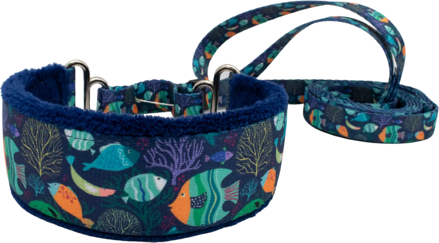 1.5" Calypso Everyday Martingale Walking Lead for dogs, Navy leather lining, handmade in the USA by Fuzzywumpets.