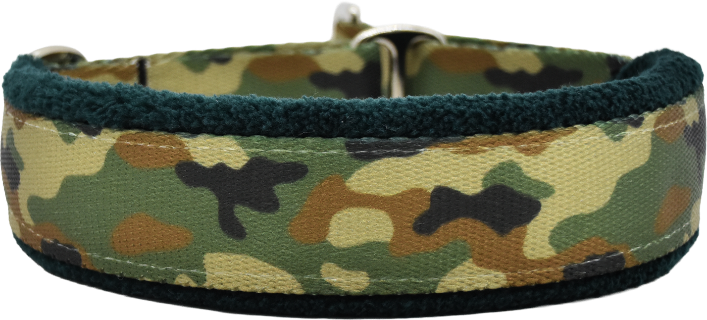 1" Forest Camo Everyday Limited Slip Collar for dogs, black leather lining, handmade in the USA by Fuzzywumpets.
