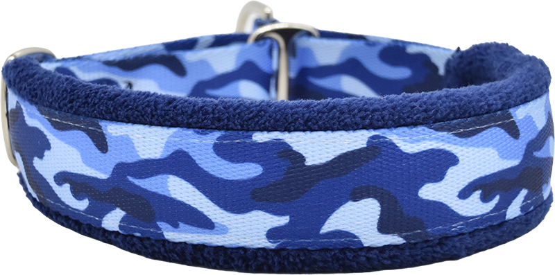 1" Marine Camo Everyday Limited Slip Collar for dogs, black leather lining, handmade in the USA by Fuzzywumpets.