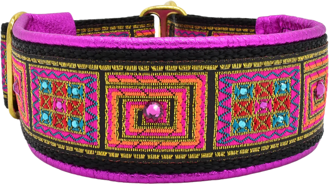 1.5" Fuchsia and Orange Squares Luxe Limited Slip Collar for dogs, Fuchsia Metallic leather lining, handmade in the USA by Fuzzywumpets.