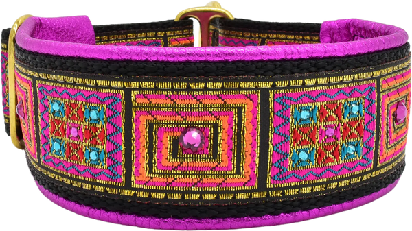 1.5" Fuchsia and Orange Squares Luxe Limited Slip Collar for dogs, Fuchsia Metallic leather lining, handmade in the USA by Fuzzywumpets.