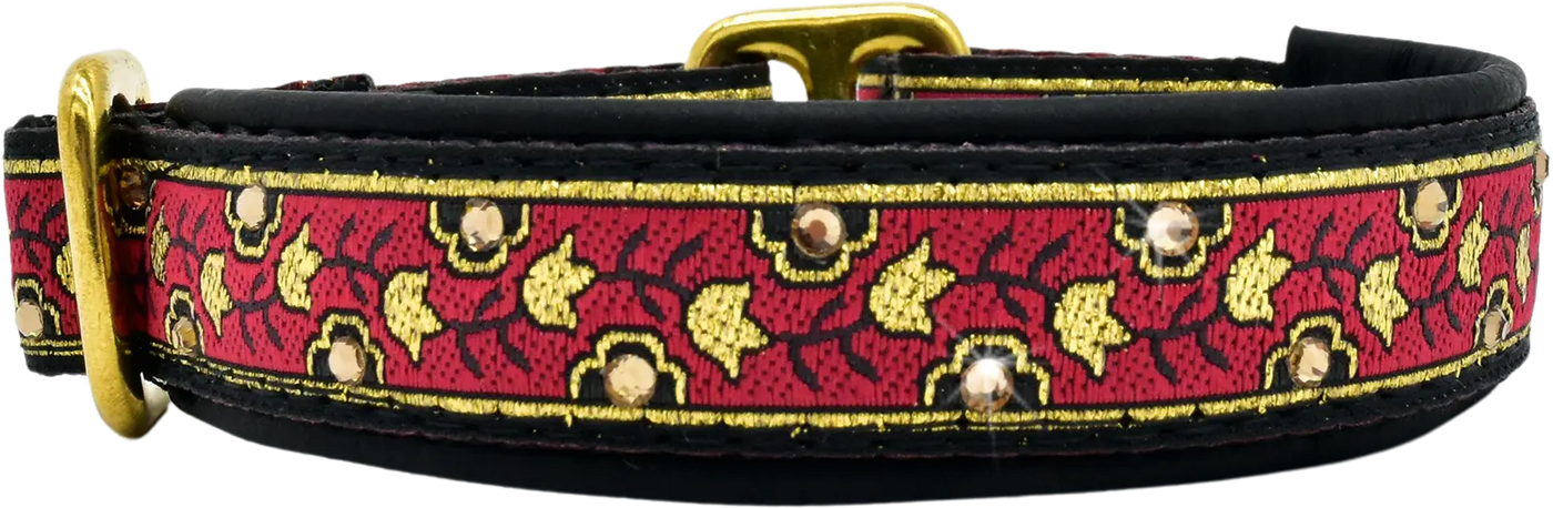 Tiptoe in Red red and gold tulip floral ribbon European-crystal limited slip dog collar by Fuzzywumpets.