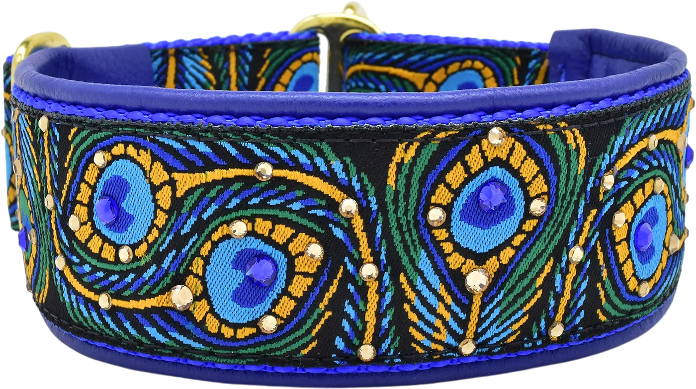 Strut Your Stuff peacock feather European-crystal limited slip dog collar with blue and topaz crystals on royal blue leather.