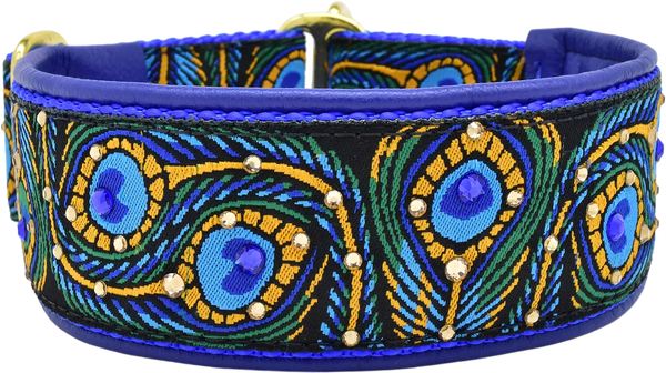 Strut Your Stuff peacock feather European-crystal limited slip dog collar with blue and topaz crystals on royal blue leather.