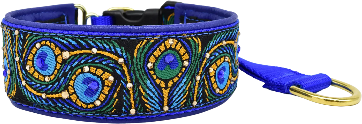 Strut Your Stuff peacock feather European-crystal hidden prong collar with blue and topaz crystals on royal blue leather.