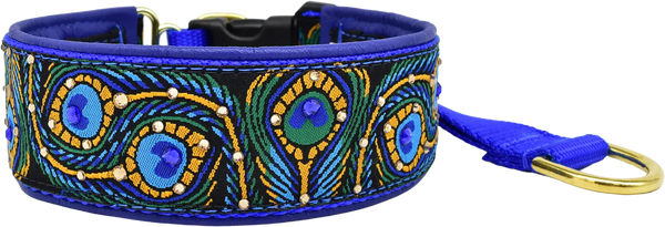 Strut Your Stuff peacock feather European-crystal hidden prong collar with blue and topaz crystals on royal blue leather.
