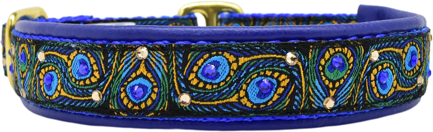 Strut Your Stuff peacock feather European-crystal limited slip dog collar with blue and topaz crystals on royal blue leather.